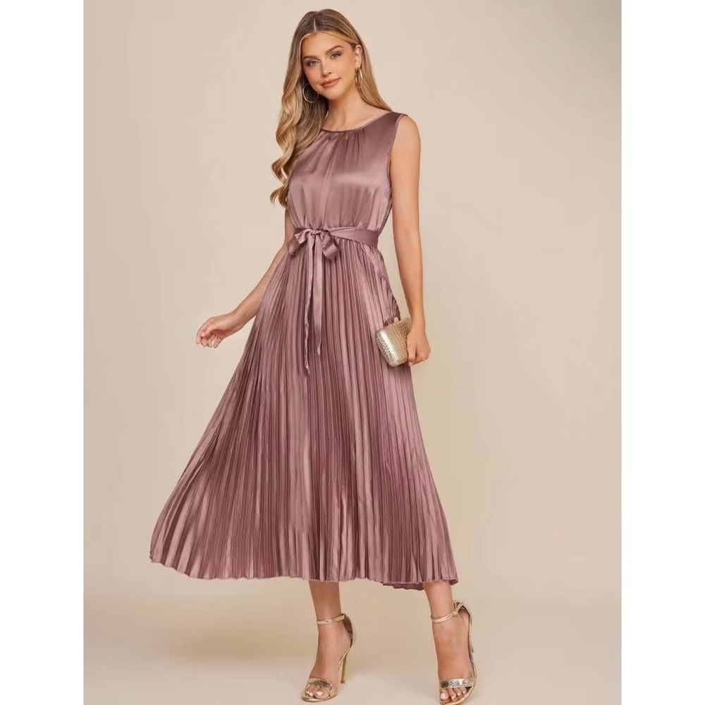 (B6) SHEIN Dusty Pink Satin Pleated Sleeveless Midi Dress Size M 6 NWOT